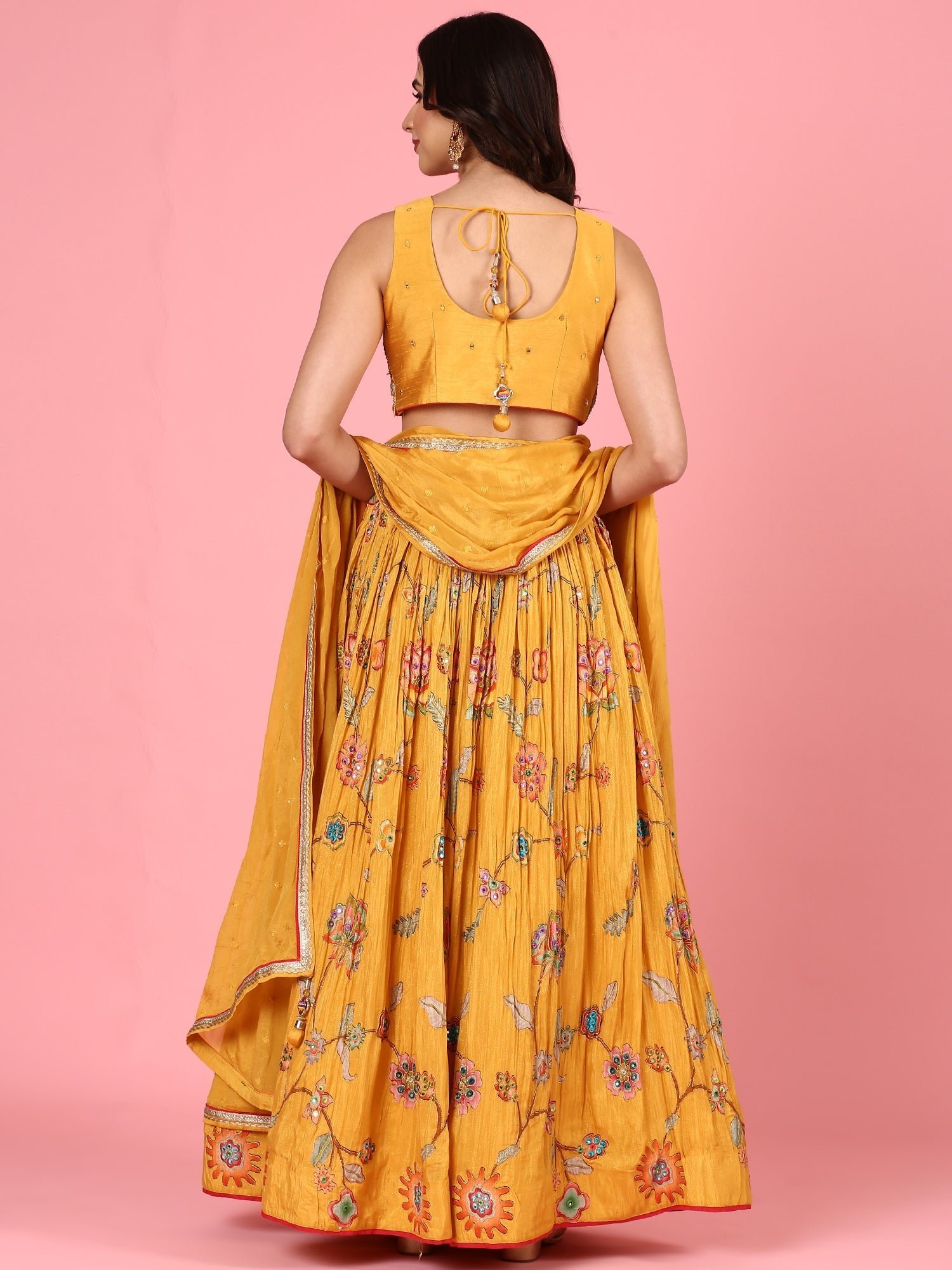 Yellow embroidered georgette Three piece ghagra set - Image 4