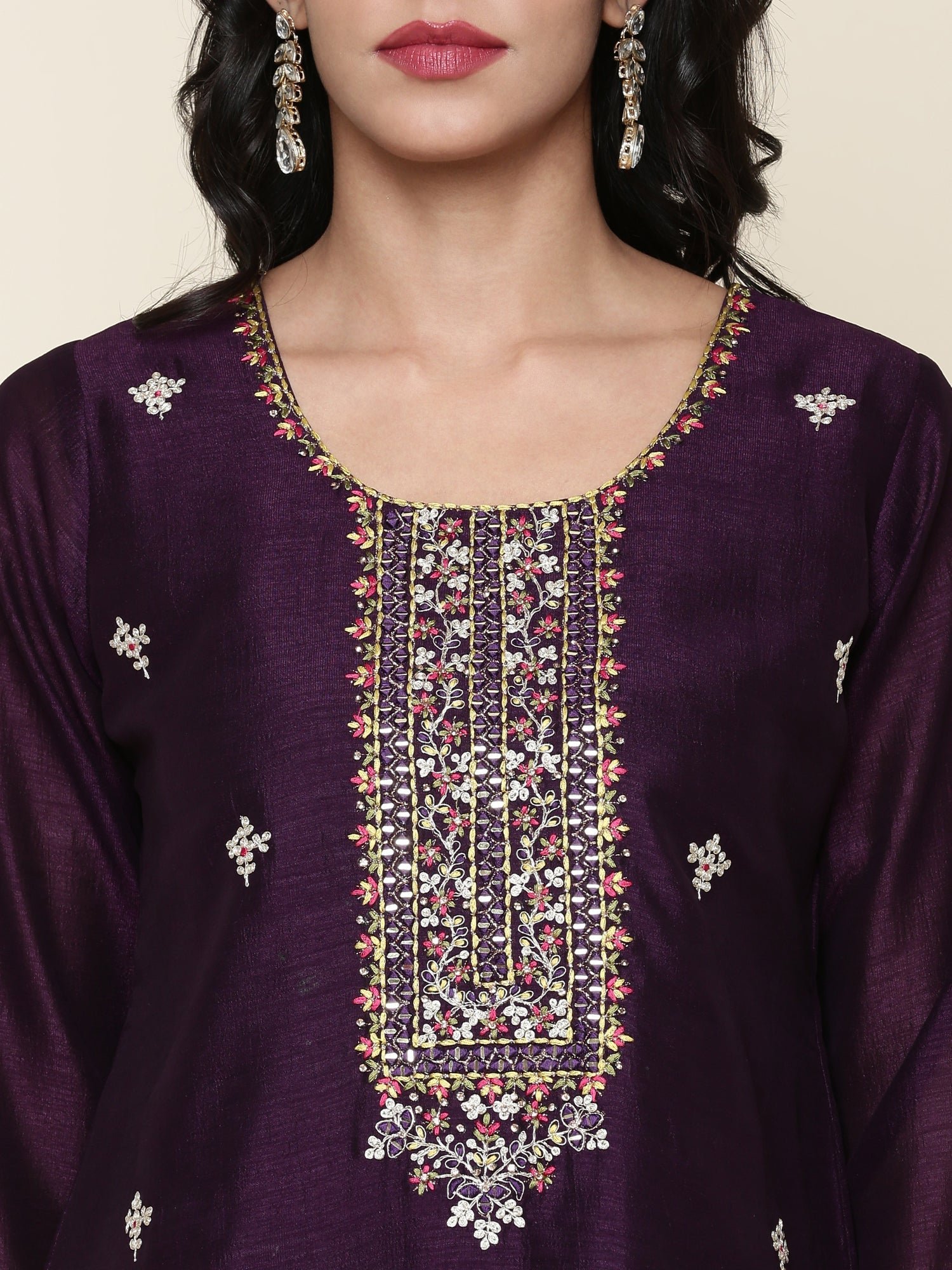 Purple Silk Embroidered three piece suit set with Contrast Dupatta - Image 5