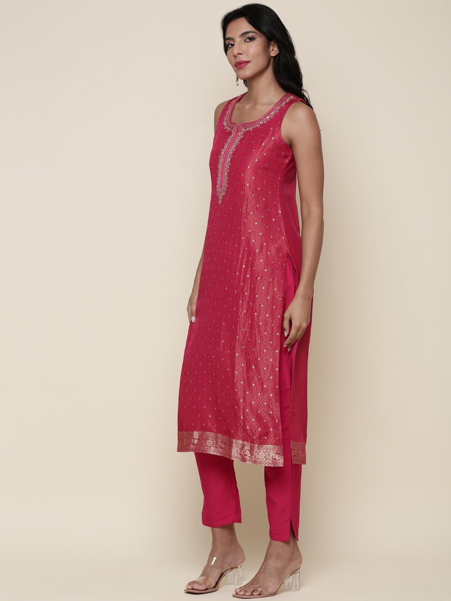 Pink tissue fabric embroidered Three piece suit set - Image 3