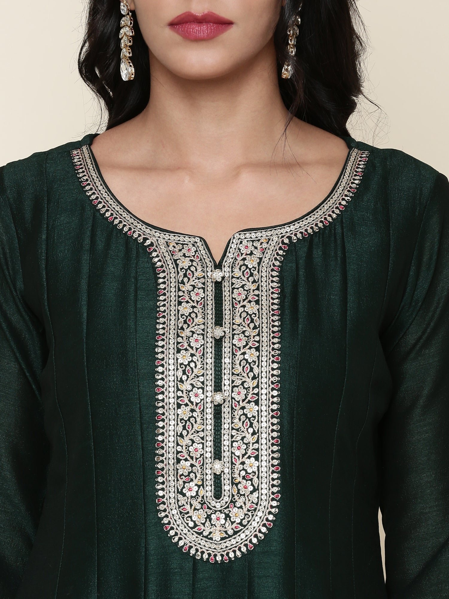 Bottle green silk anarkali embroidered three piece suit set - Image 5