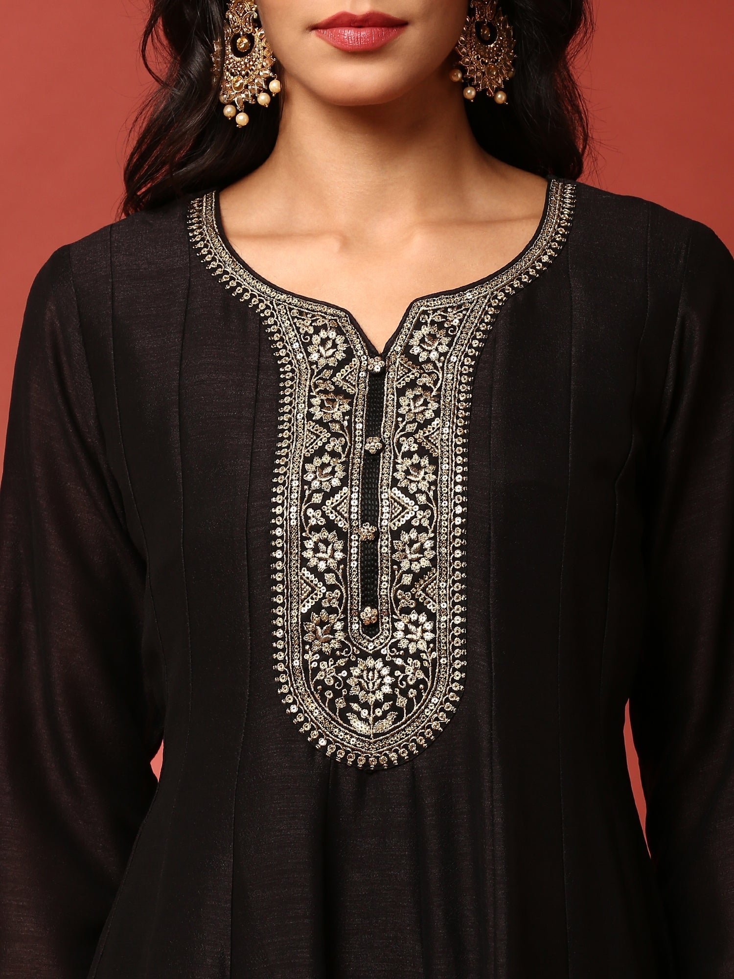 Black Vichitra silk aari embroidered three piece anarkali set - Image 4