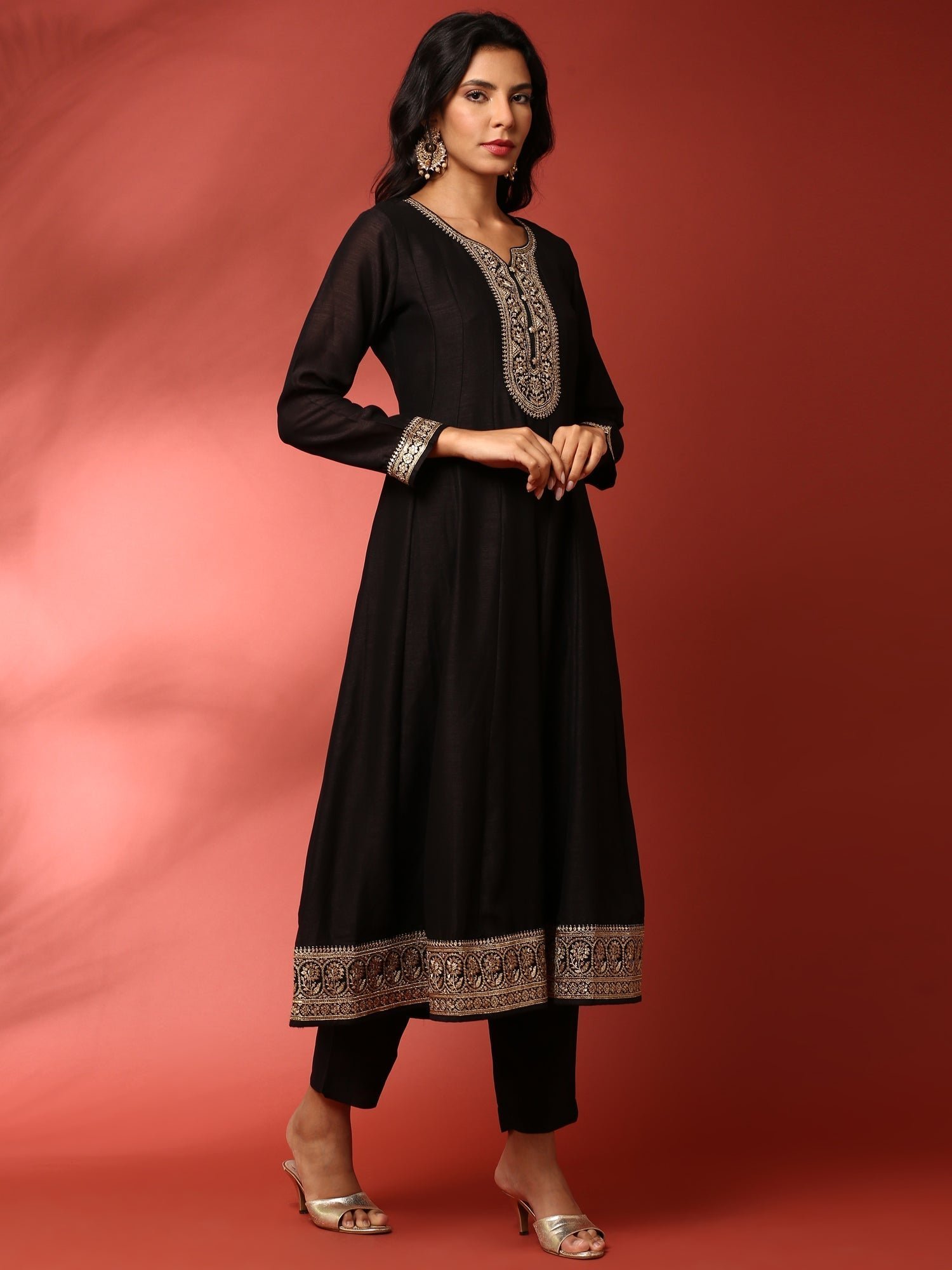 Black Vichitra silk aari embroidered three piece anarkali set - Image 2
