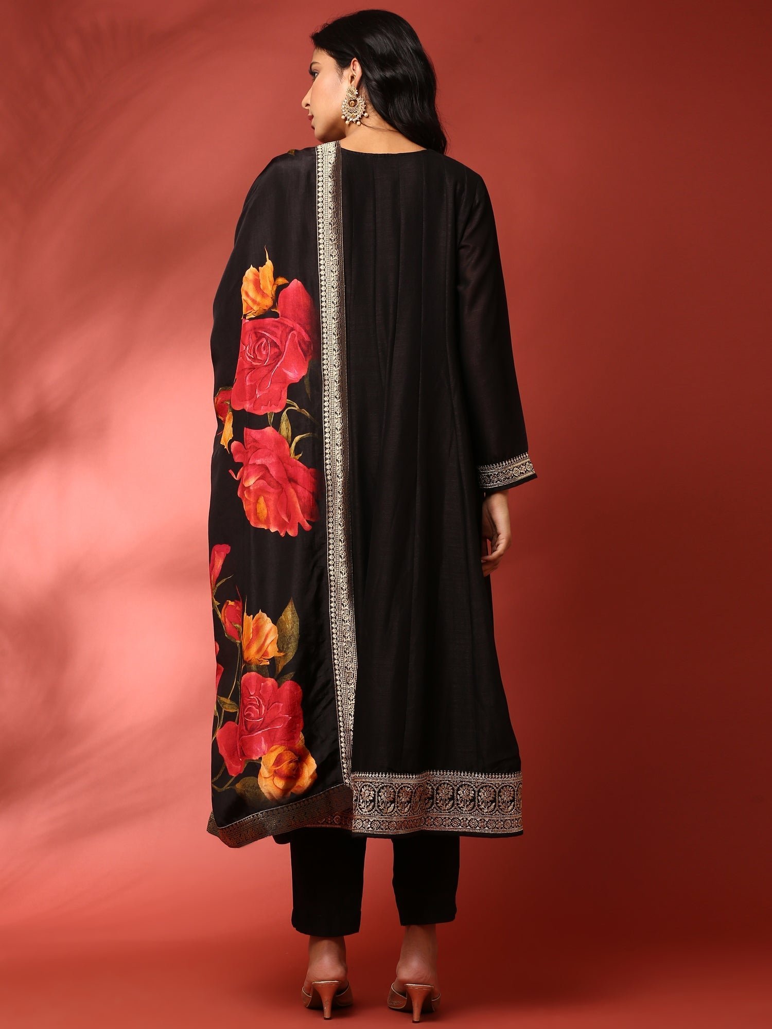 Black Vichitra silk aari embroidered three piece anarkali set - Image 3