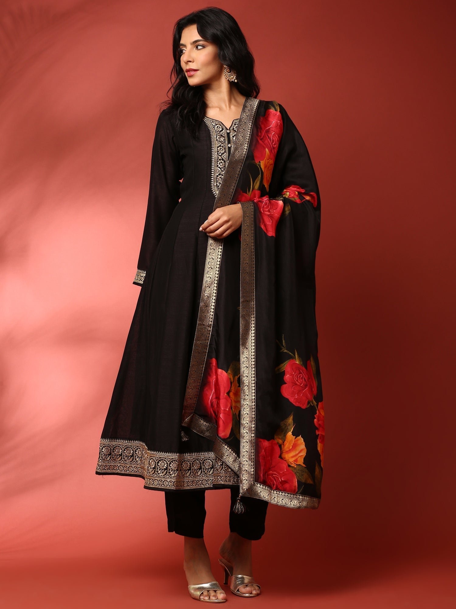 Black Vichitra silk aari embroidered three piece anarkali set - Image 5