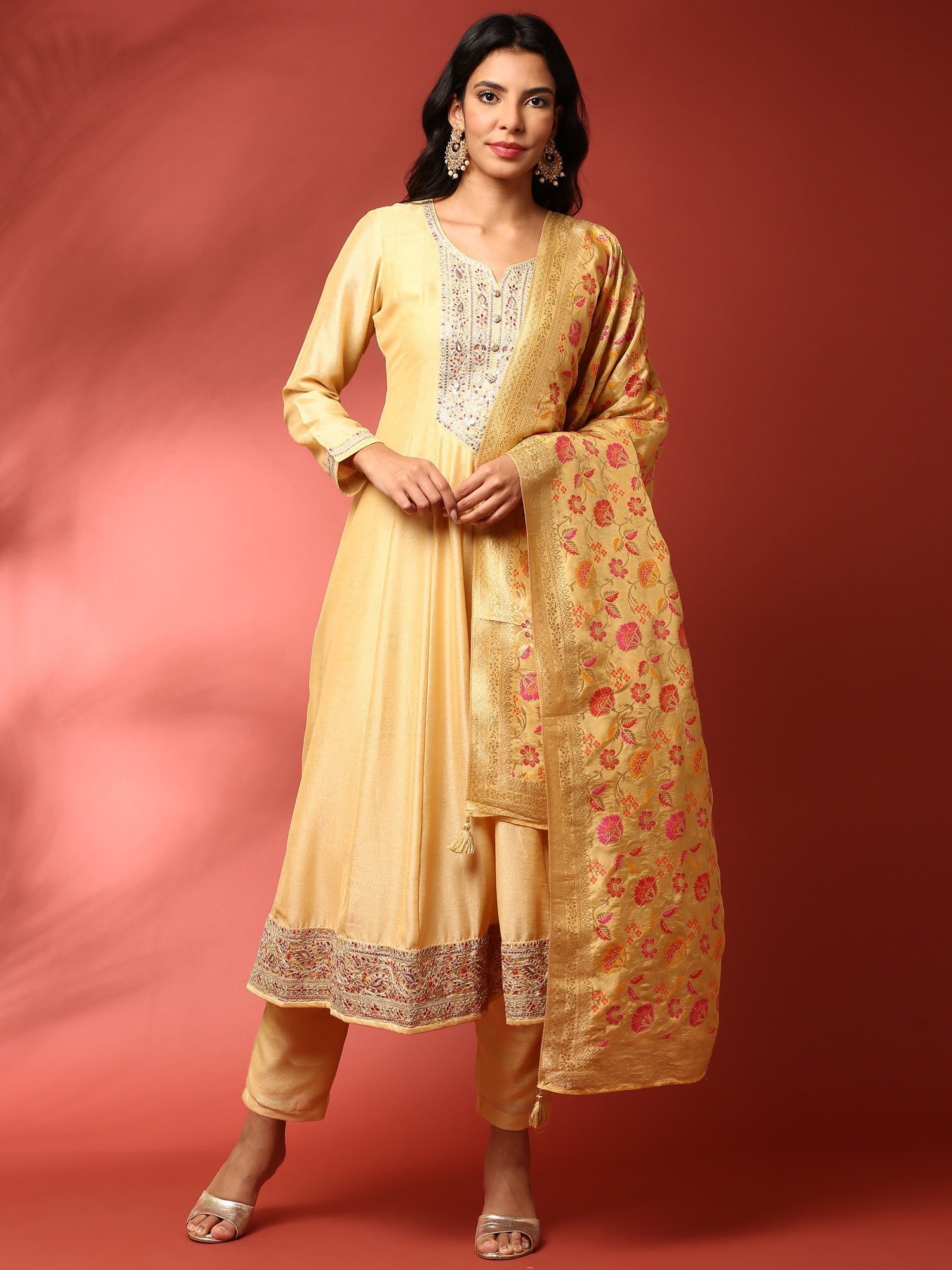 Yellow silk embroidered Three piece anarkali set