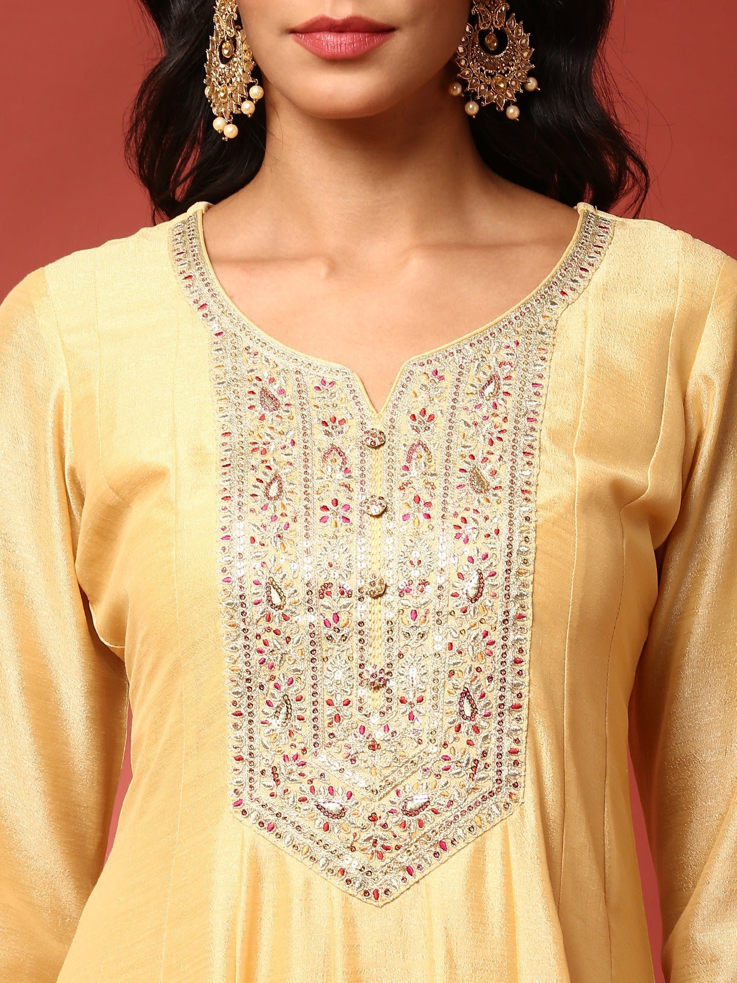 Yellow silk embroidered Three piece anarkali set - Image 5