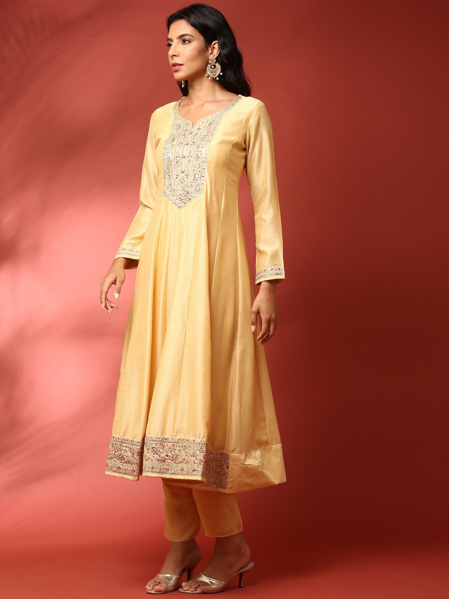 Yellow silk embroidered Three piece anarkali set - Image 3