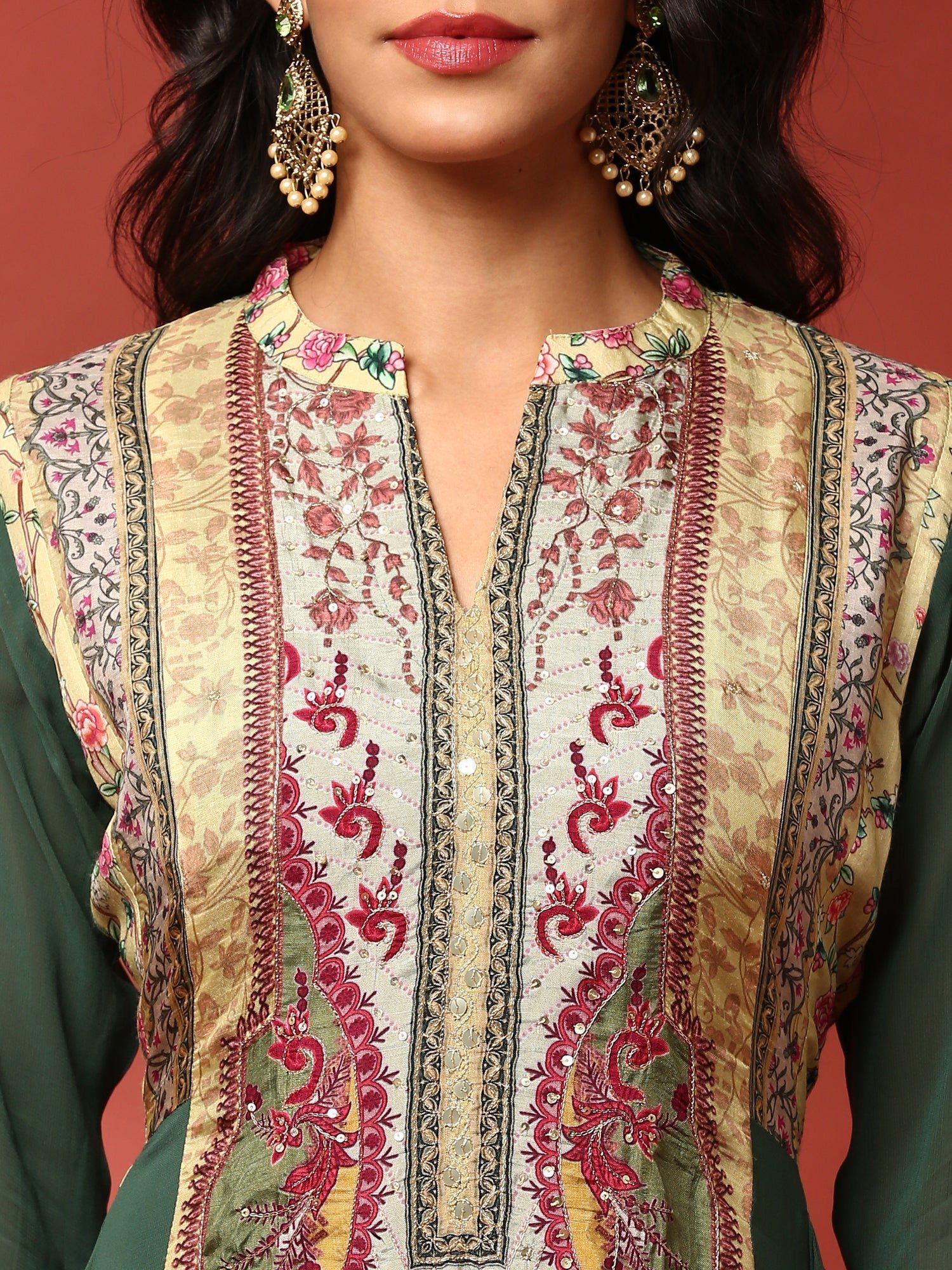 Green and Mustard digital printed embroidered anarkali three piece set - Image 6