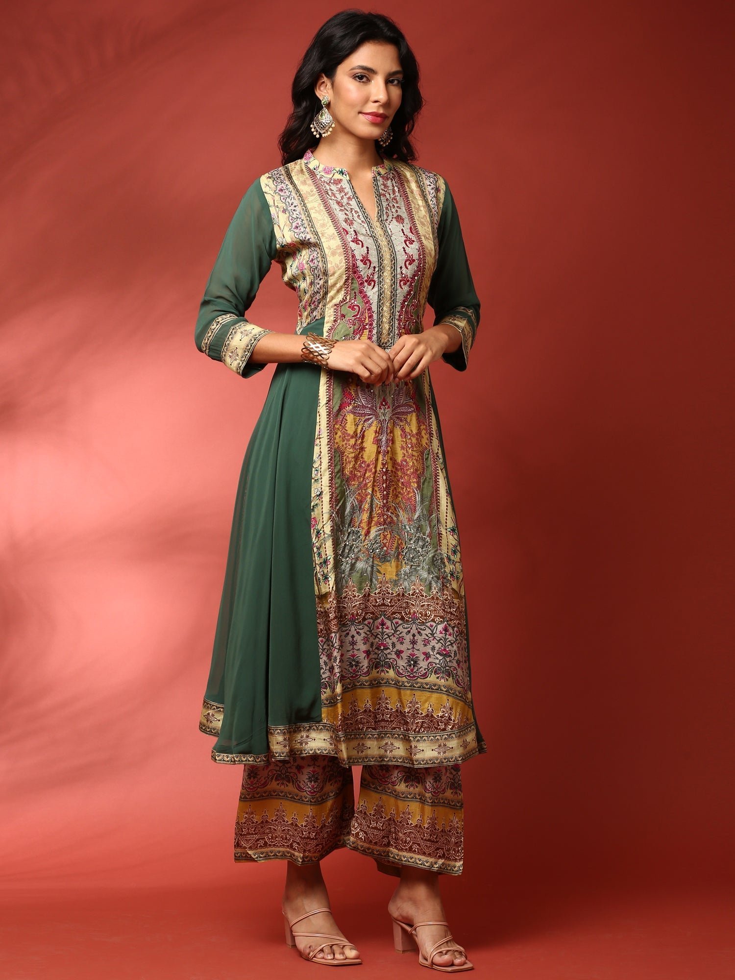 Green and Mustard digital printed embroidered anarkali three piece set - Image 12