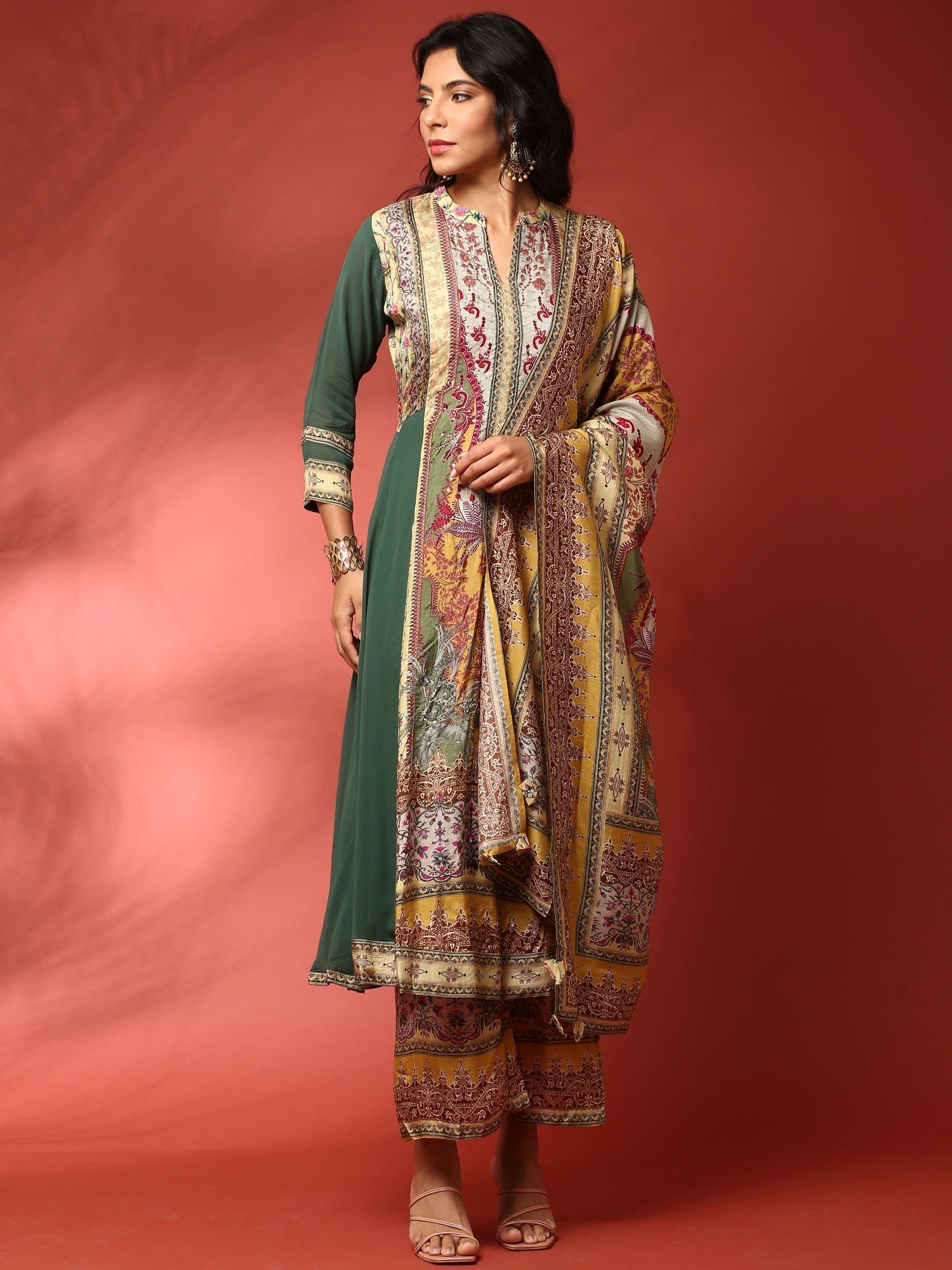 Green and Mustard digital printed embroidered anarkali three piece set - Image 7