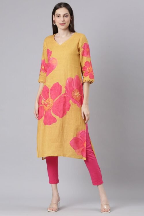 Websprint Mustard Casual Floral Straight Kurta
