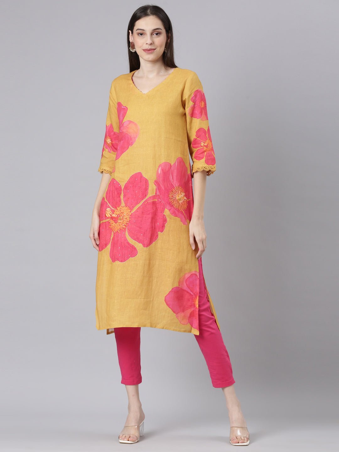 Websprint Mustard Casual Floral Straight Kurta