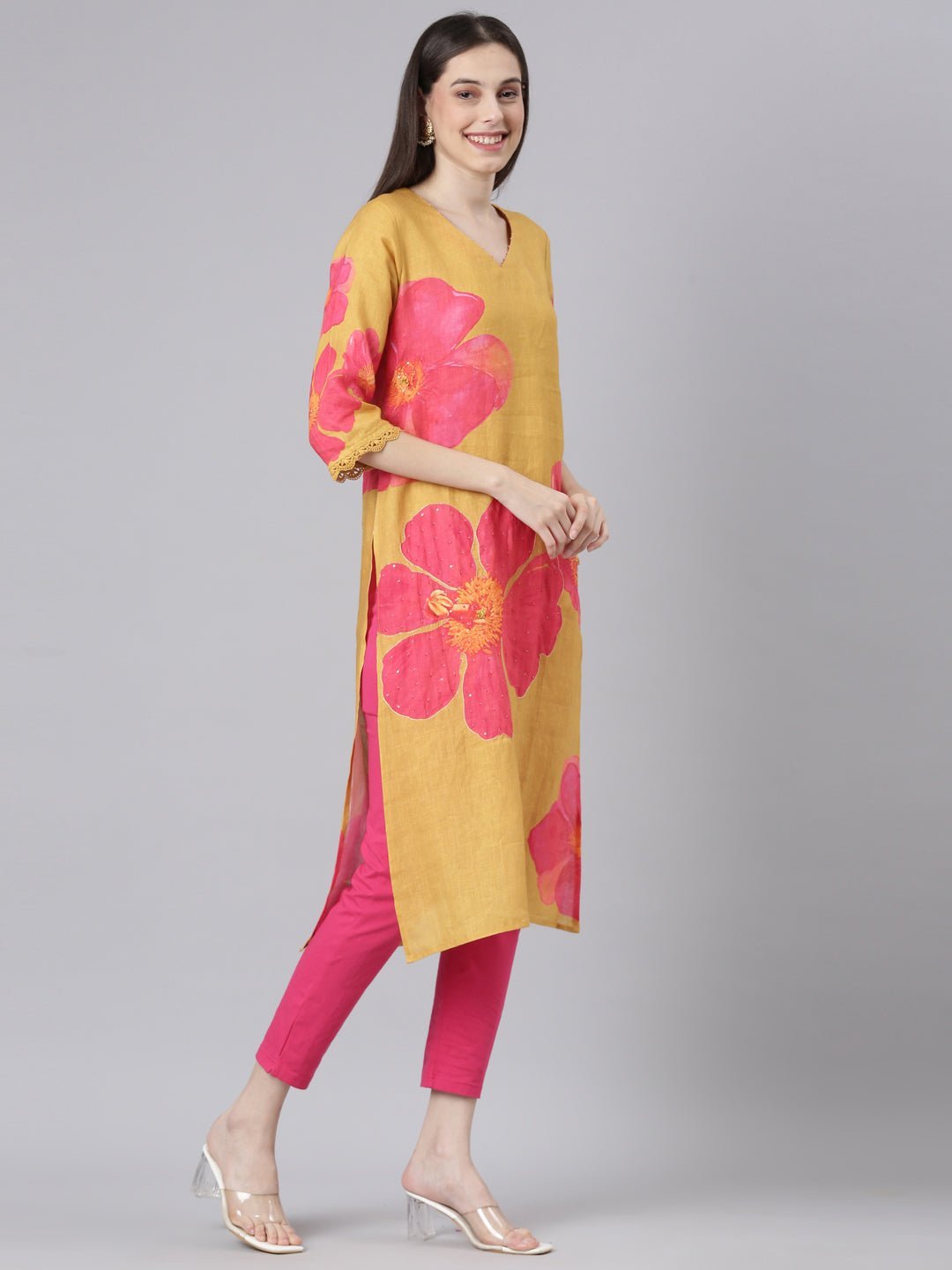 Websprint Mustard Casual Floral Straight Kurta - Image 2