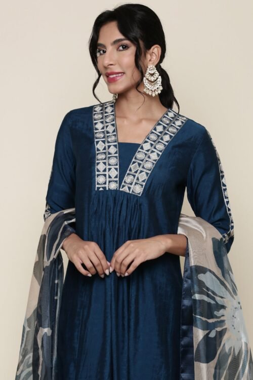 Muslin Midnight Blue embroidered Three piece suit set