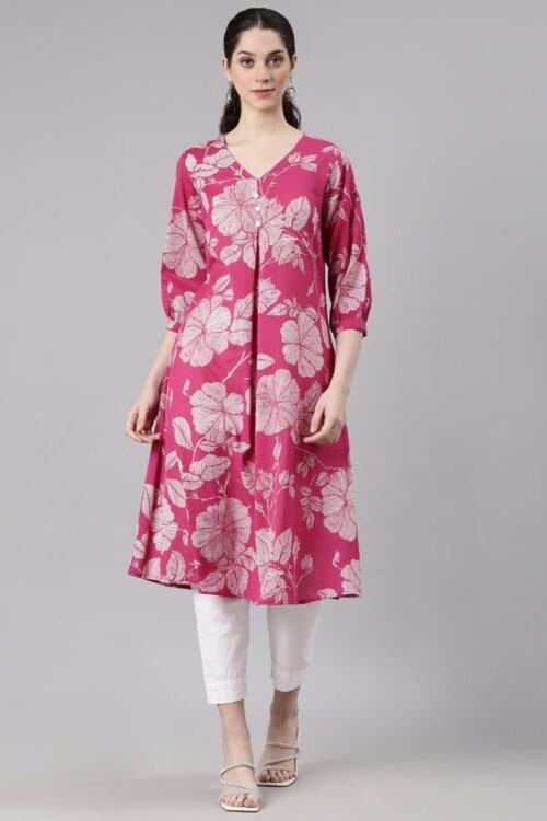 Websprint Pink Anarkali Casual Floral Kurta