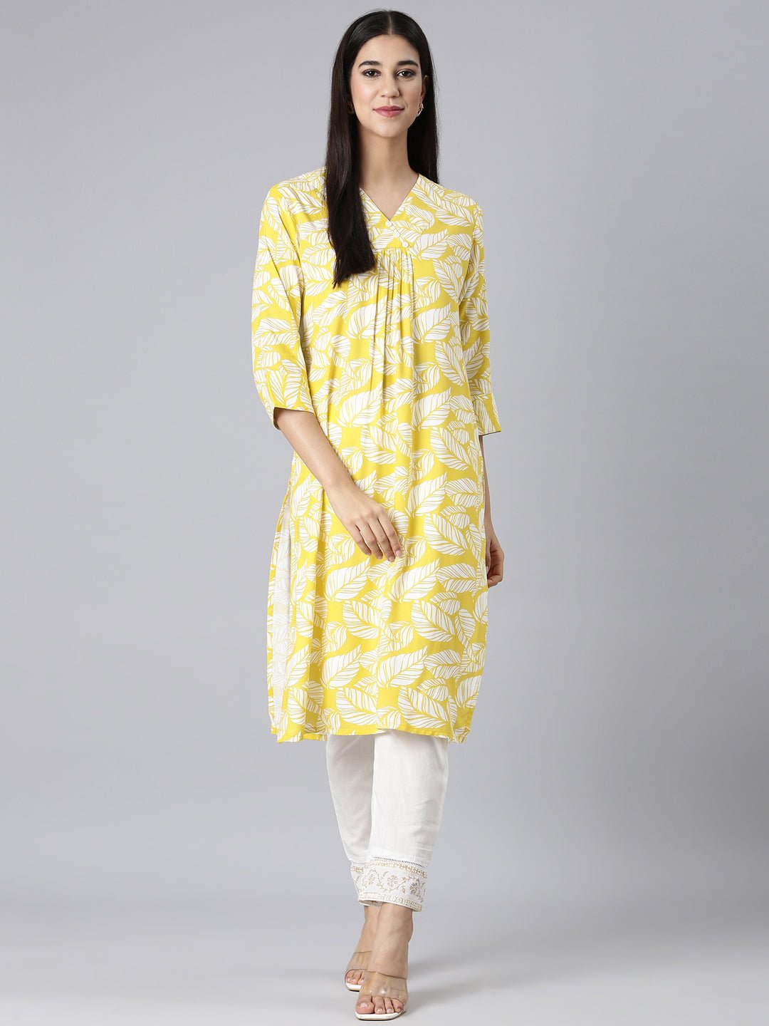 Websprint Yellow Casual Floral Straight Kurta