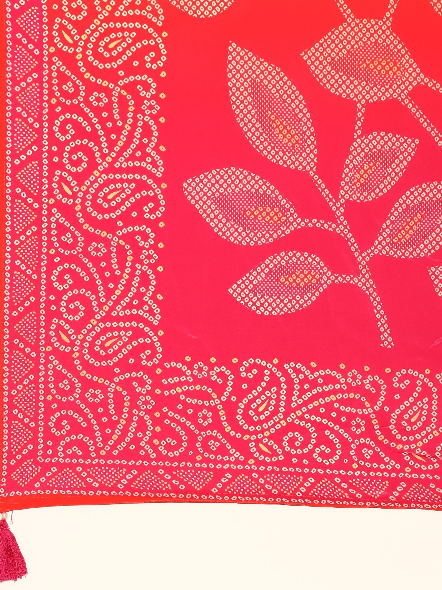 Red two colored crepe bandhani printed three piece suit set - Image 7