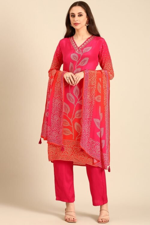 Red two colored crepe bandhani printed three piece suit set