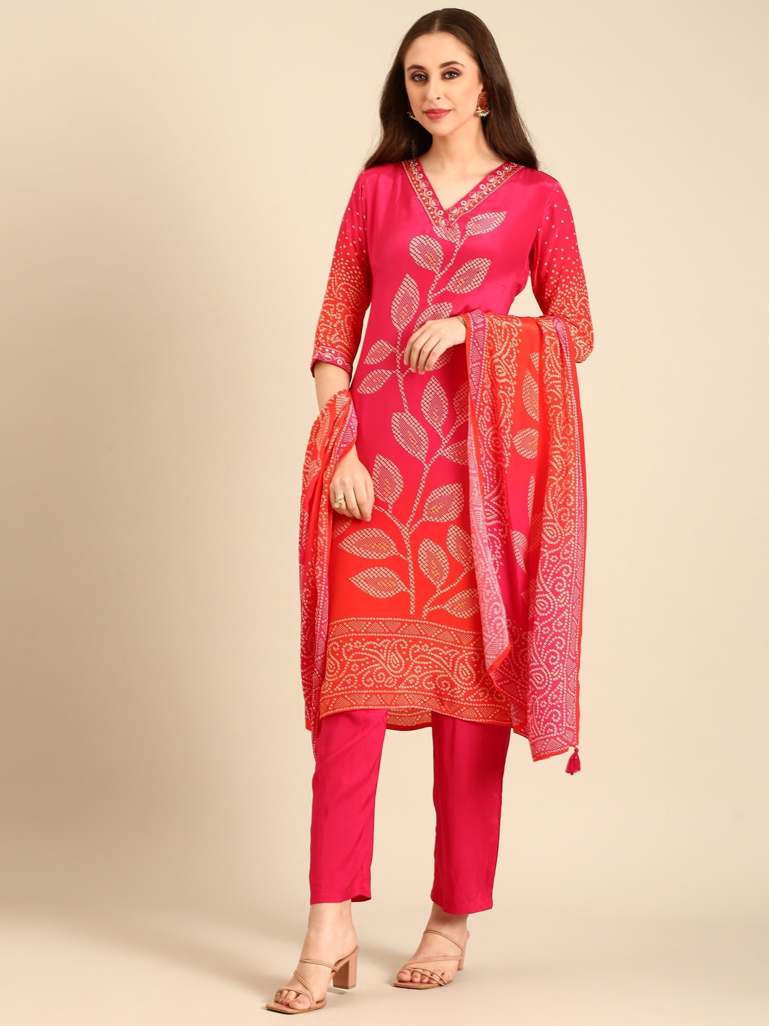 Red two colored crepe bandhani printed three piece suit set - Image 5