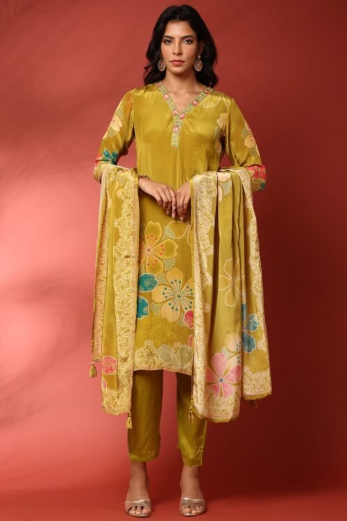 Mehendi green crepe three piece suit set