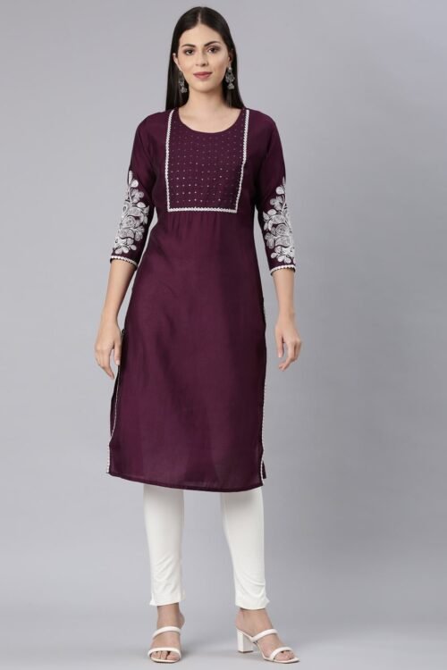 Transacthubs Purple Straight Casual Solid Straight Kurta