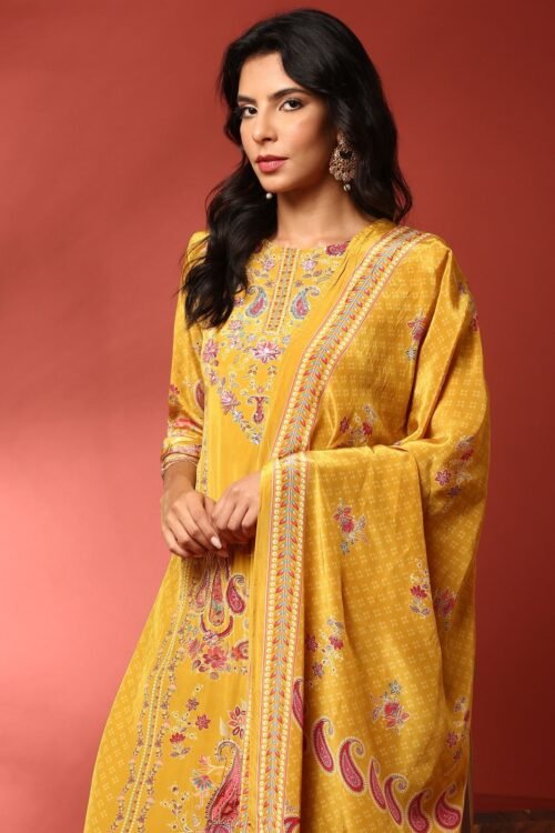 Mustard crepe embroided digital prited three piece suit set