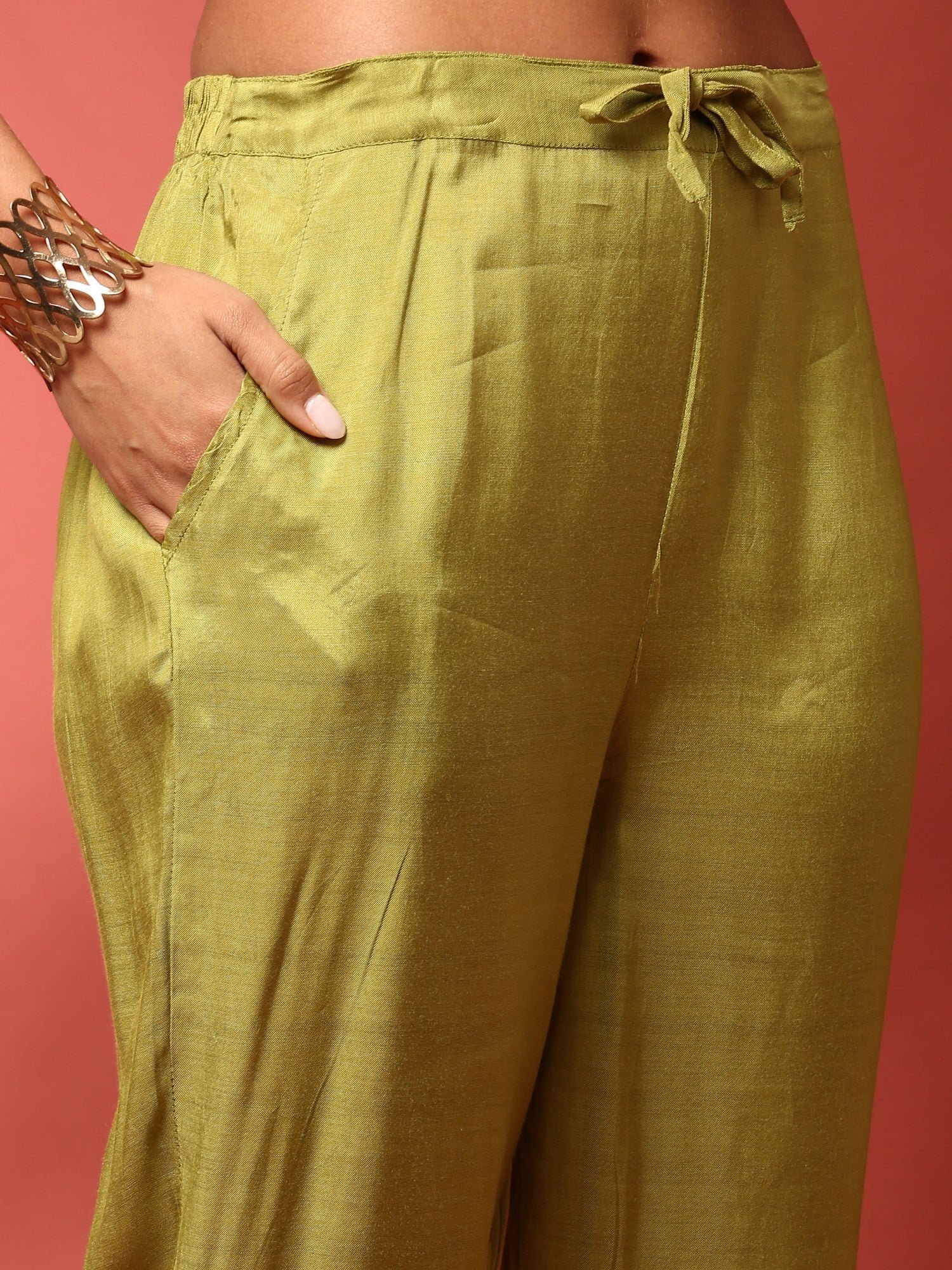 Green dola silk embroidered three piece suit set - Image 9