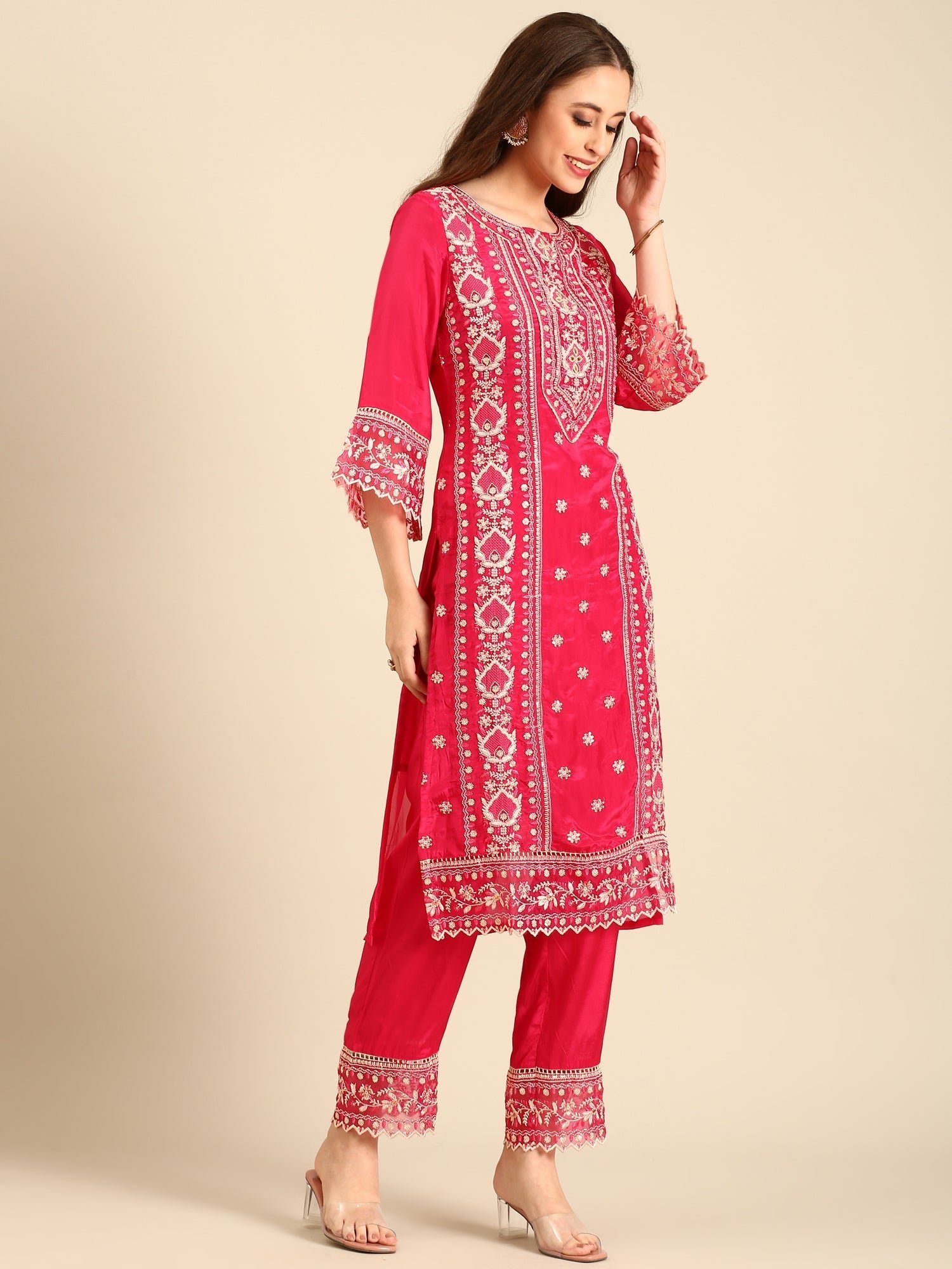 Pink muslin thread embroiderey three piece suit set - Image 3