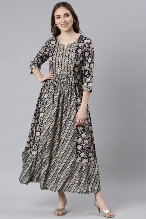 Websprint Navy Blue Flared Maxi Dresses with Ethnic Motifs – Casual Ethnic Wear