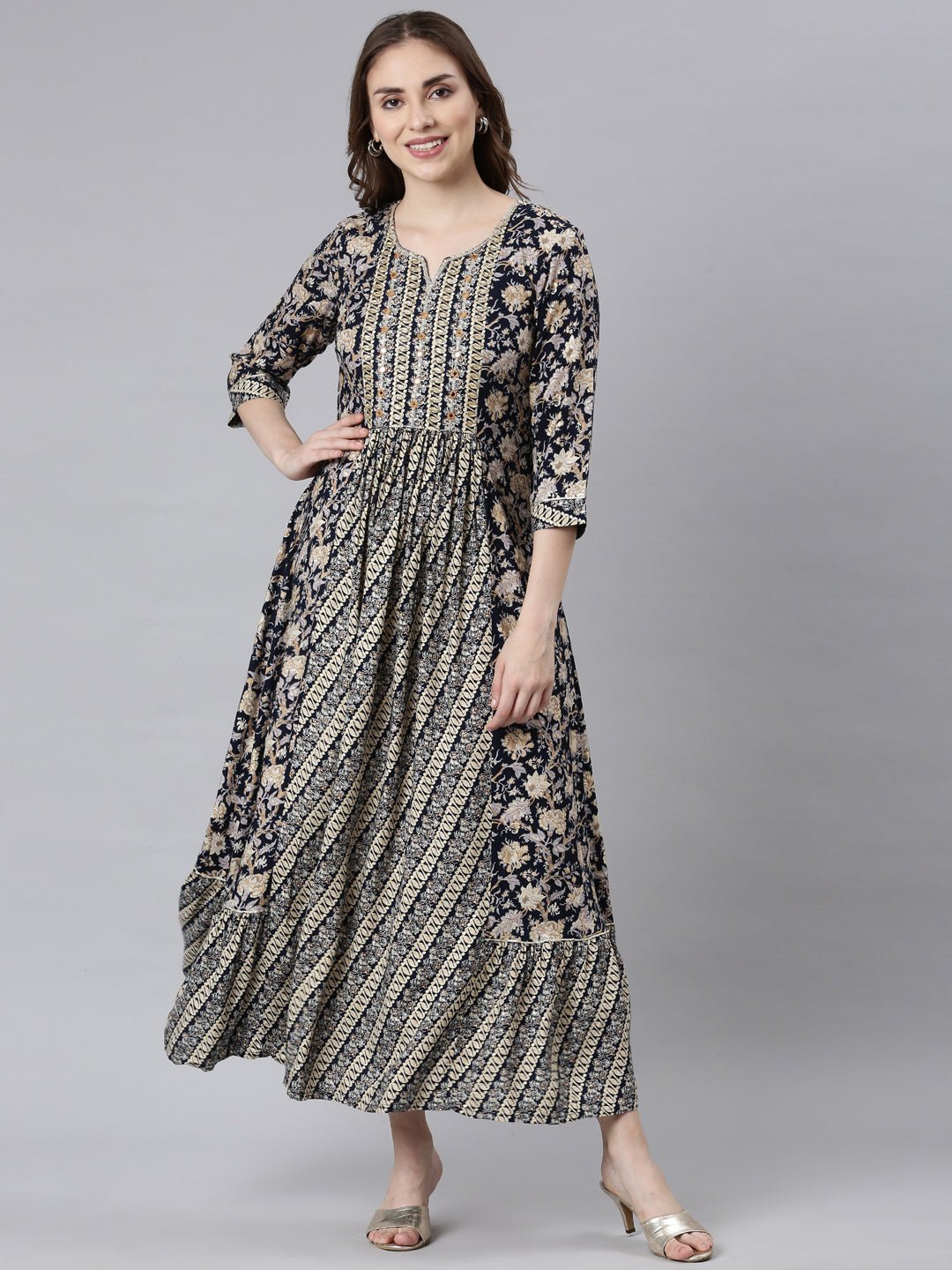 Websprint Navy Blue Flared Maxi Dresses with Ethnic Motifs – Casual Ethnic Wear