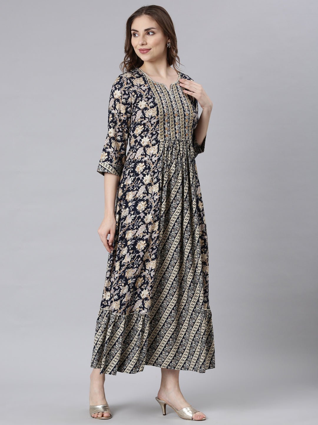 Websprint Navy Blue Flared Maxi Dresses with Ethnic Motifs – Casual Ethnic Wear - Image 3