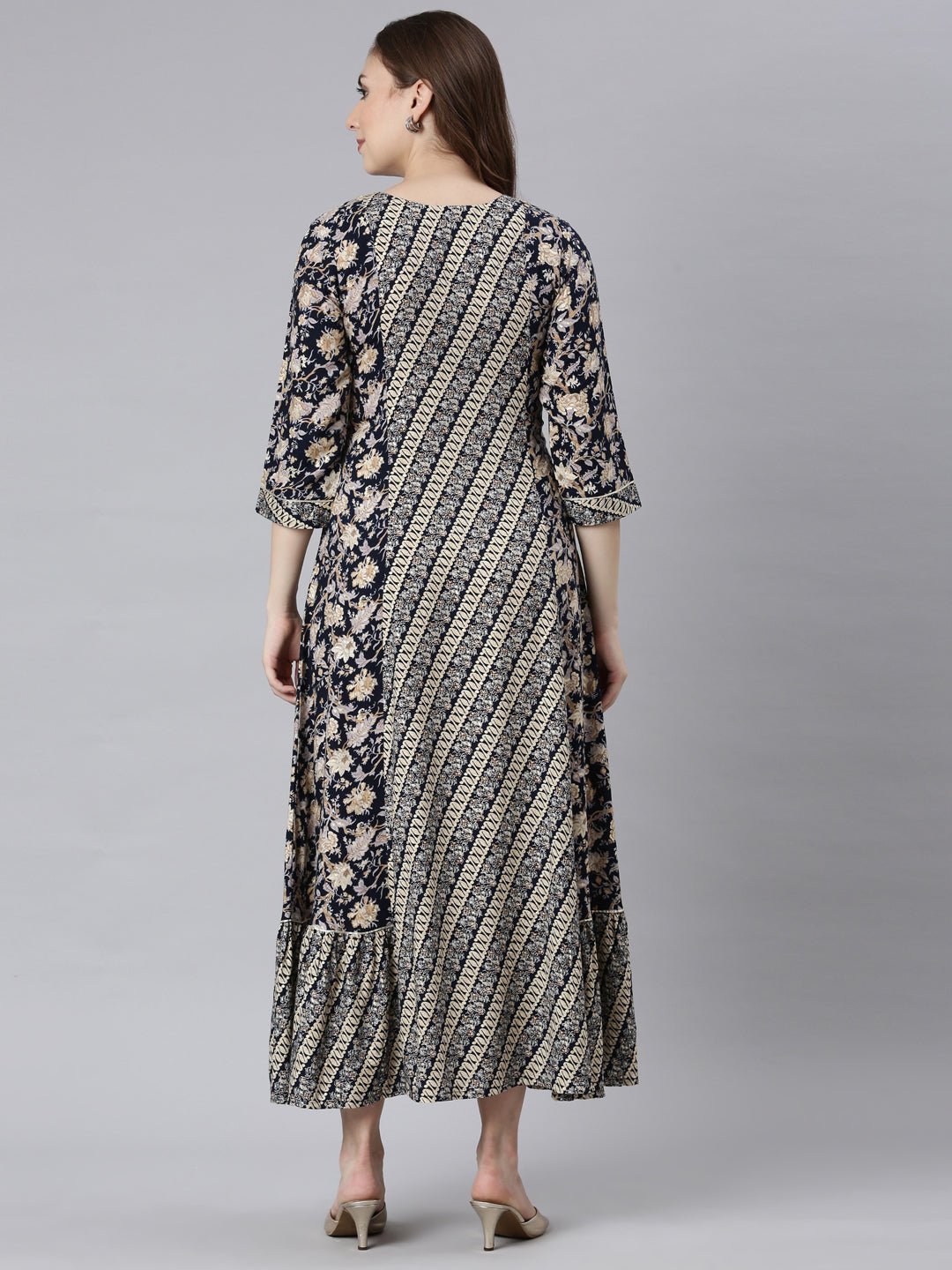 Websprint Navy Blue Flared Maxi Dresses with Ethnic Motifs – Casual Ethnic Wear - Image 4