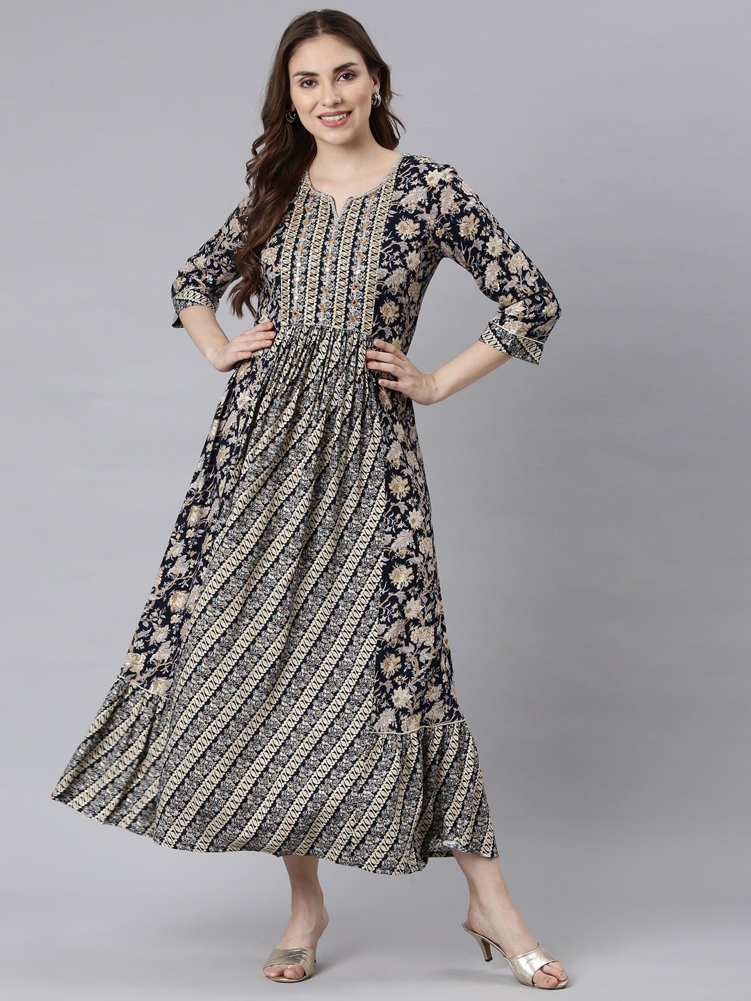 Websprint Navy Blue Flared Maxi Dresses with Ethnic Motifs – Casual Ethnic Wear - Image 5
