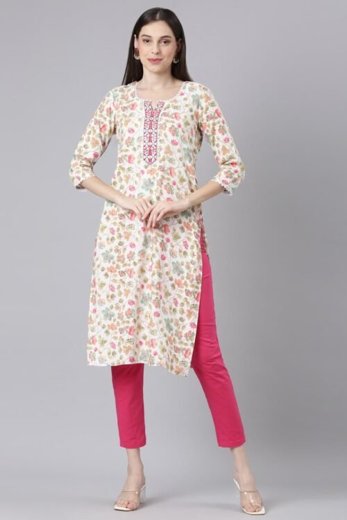 Websprint Off White Casual Floral Straight Kurta