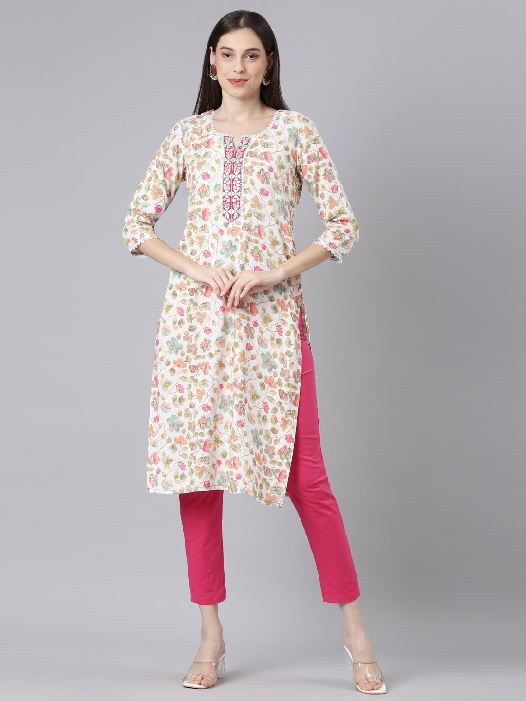 Websprint Off White Casual Floral Straight Kurta