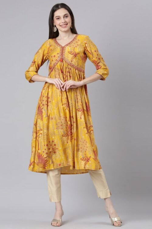 Websprint Mustard Casual Floral Anarkali Kurta