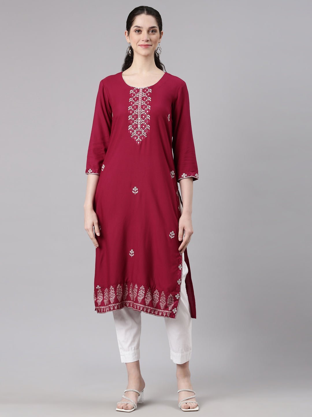 Websprint Red Straight Casual Floral Kurta
