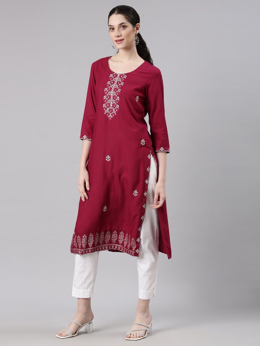 Websprint Red Straight Casual Floral Kurta - Image 2