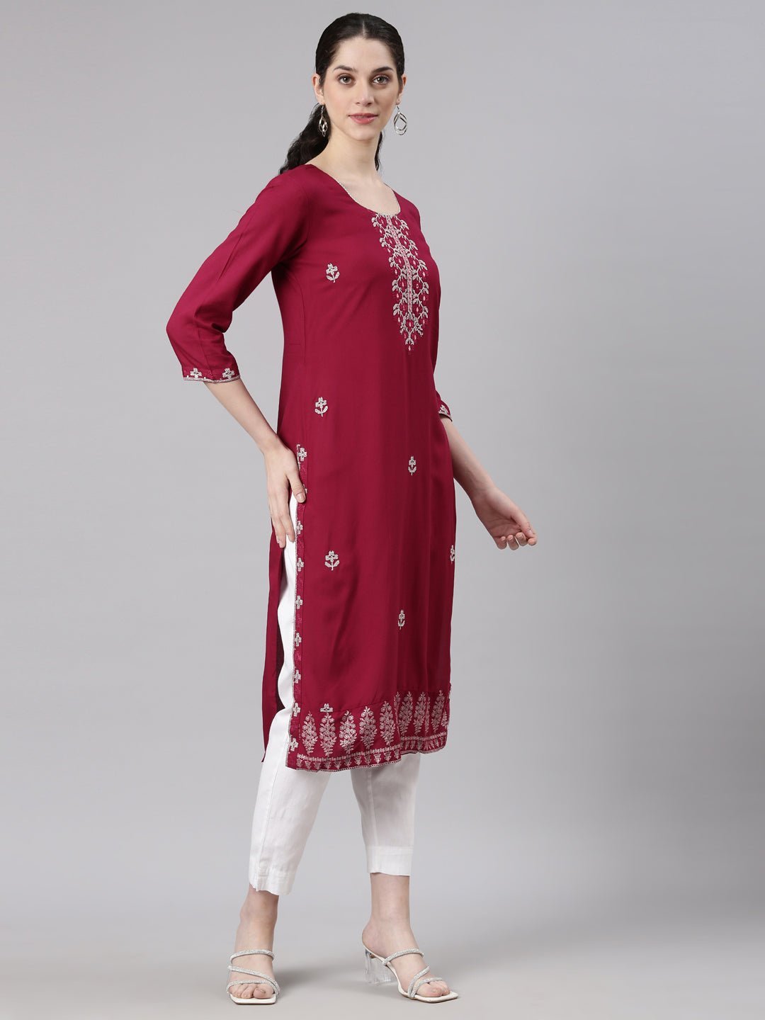 Websprint Red Straight Casual Floral Kurta - Image 3