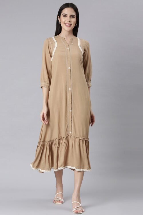 Websprint Beige Curved-Cut Casual Solid Maxi Dresses