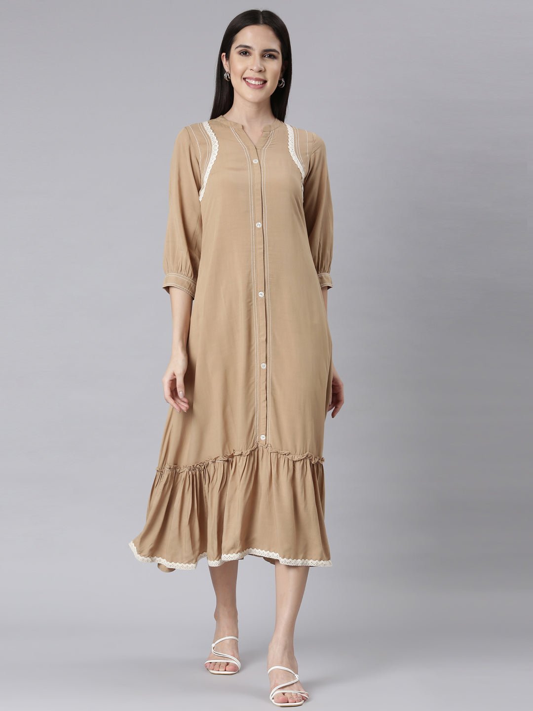 Websprint Beige Curved-Cut Casual Solid Maxi Dresses
