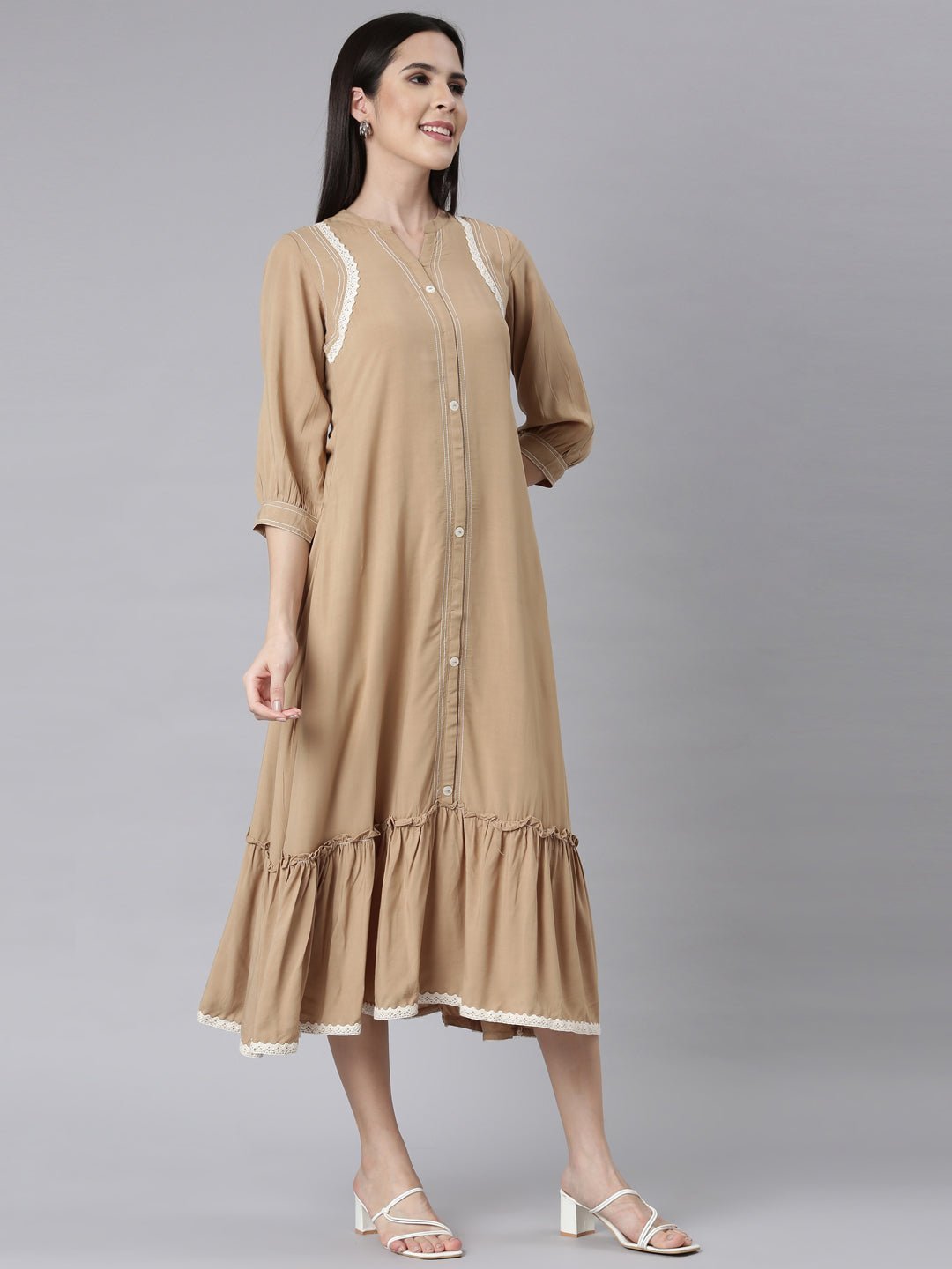 Websprint Beige Curved-Cut Casual Solid Maxi Dresses - Image 2