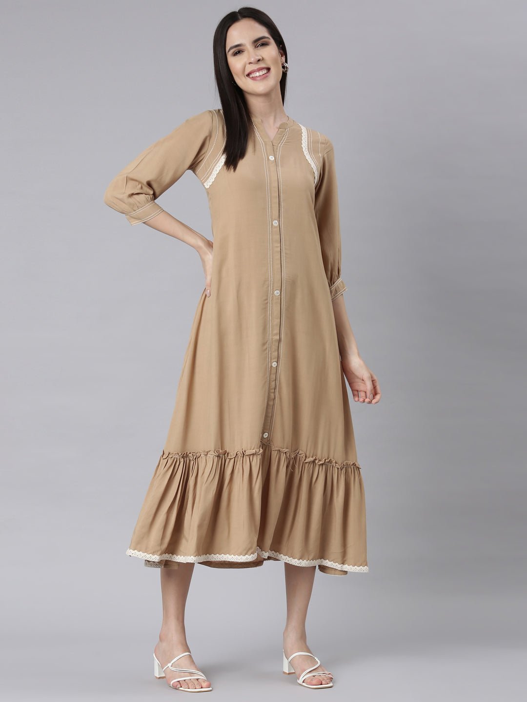 Websprint Beige Curved-Cut Casual Solid Maxi Dresses - Image 4