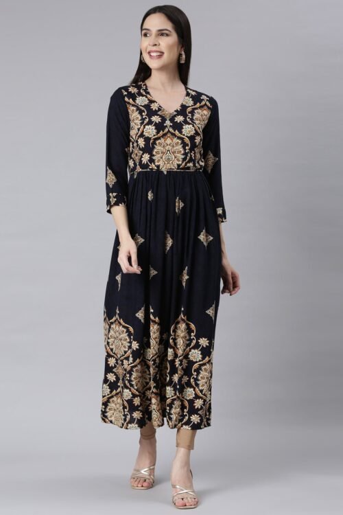 Websprint Navy Blue Curved-Cut Casual Floral Maxi Dresses