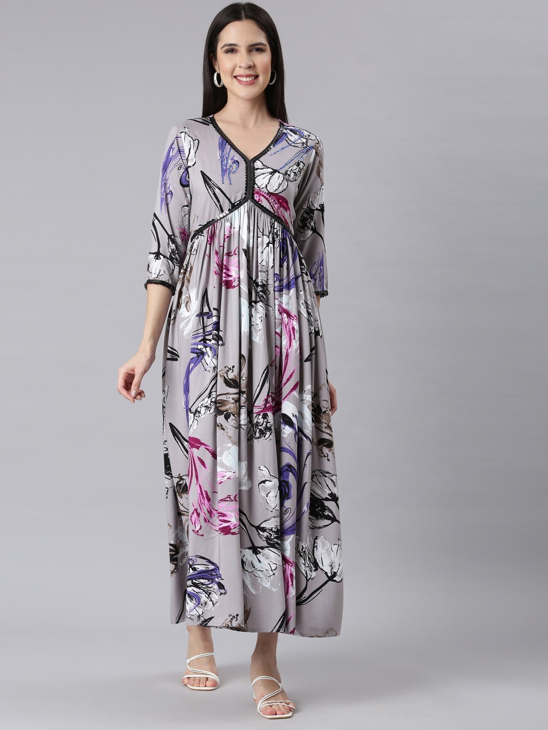 Websprint Grey Asymmetric Casual Floral Maxi Dresses - Effortless Everyday Elegance