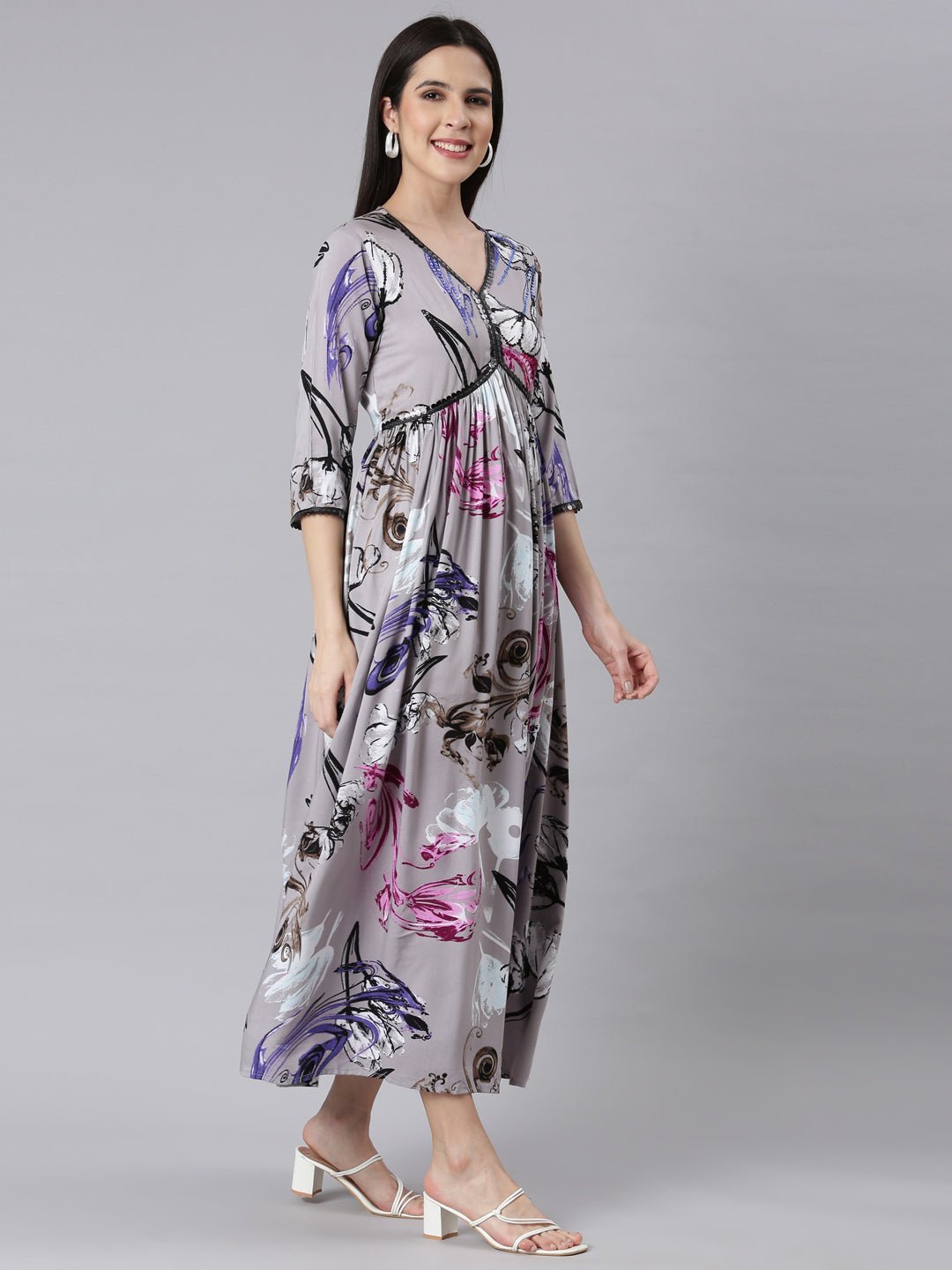 Websprint Grey Asymmetric Casual Floral Maxi Dresses - Effortless Everyday Elegance - Image 2