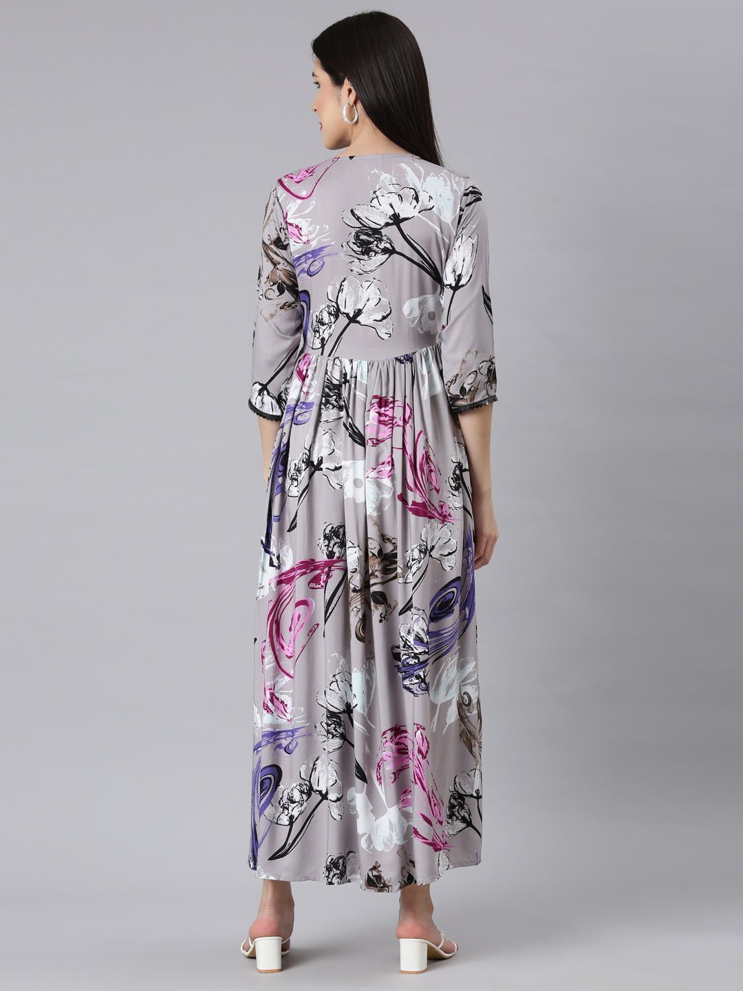 Websprint Grey Asymmetric Casual Floral Maxi Dresses - Effortless Everyday Elegance - Image 3