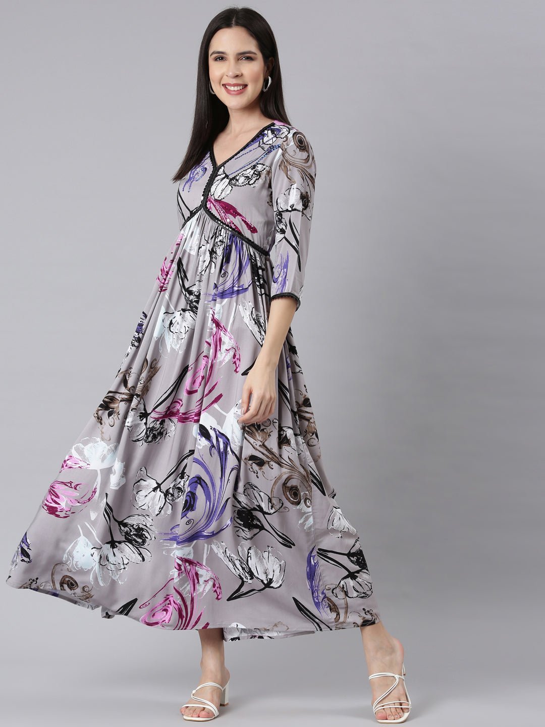 Websprint Grey Asymmetric Casual Floral Maxi Dresses - Effortless Everyday Elegance - Image 4