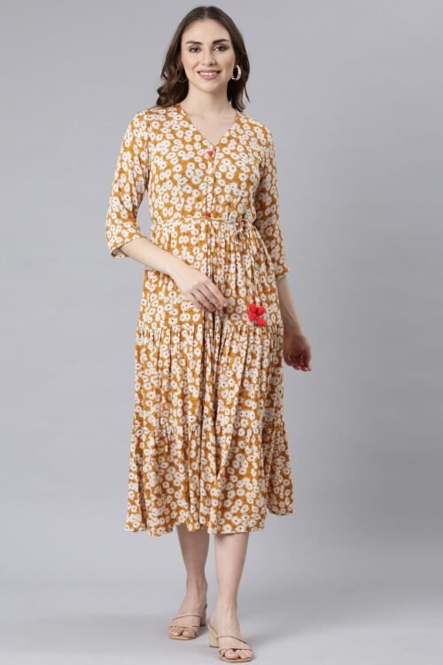 Websprint Mustard Curved-Cut Casual Floral Maxi Dresses