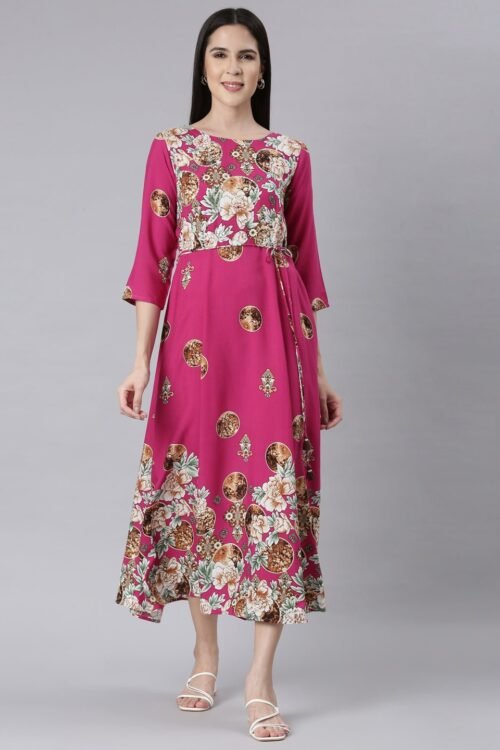 Websprint Magenta Curved-Cut Casual Floral Maxi Dresses